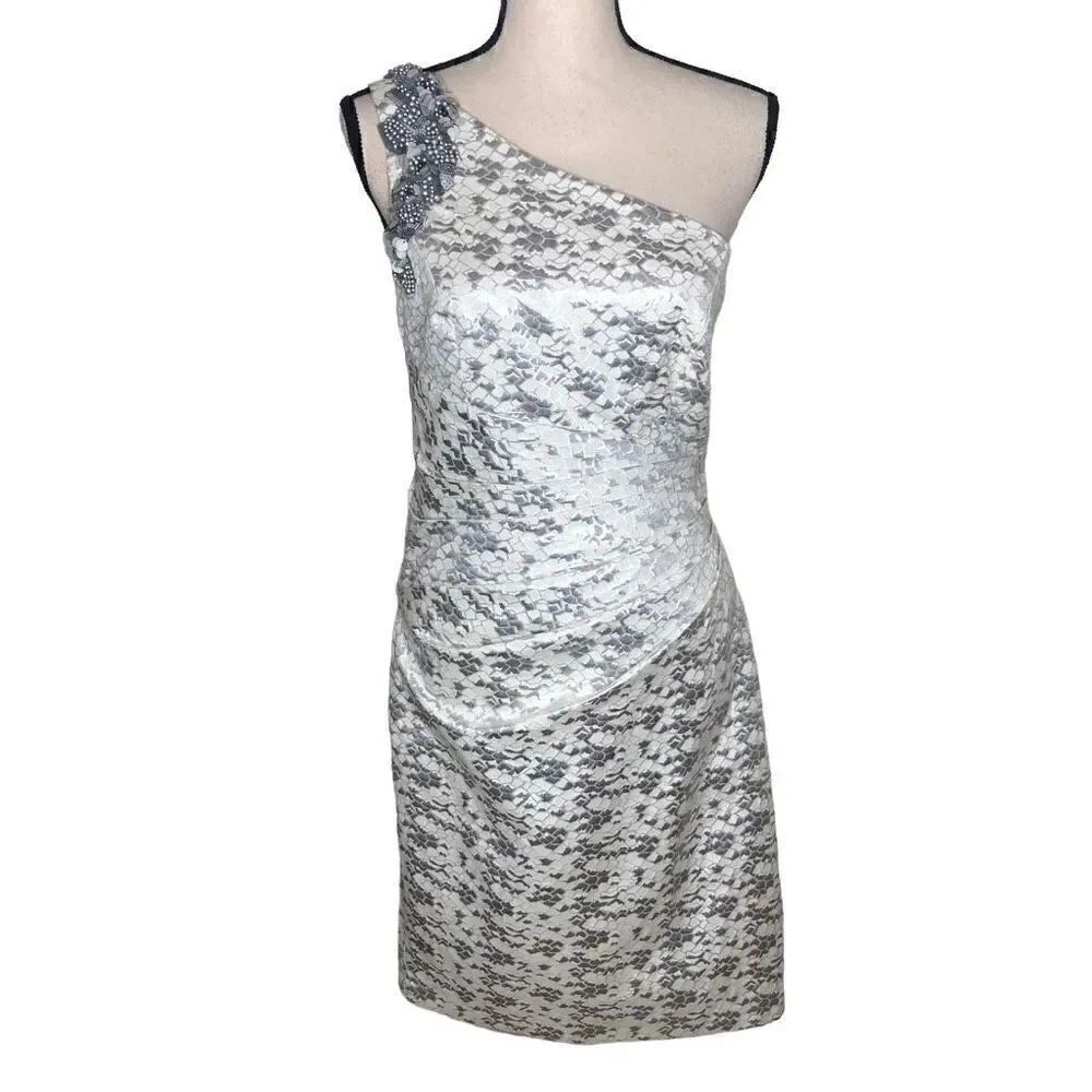 London Style Nights White and Silver One Shoulder Embellished Cocktail Dress Sz6